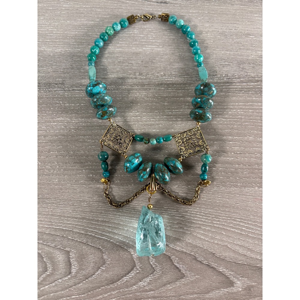 Artisan Turquoise and Raw Crystal Statement Necklace Boho Brass Filigree Bib